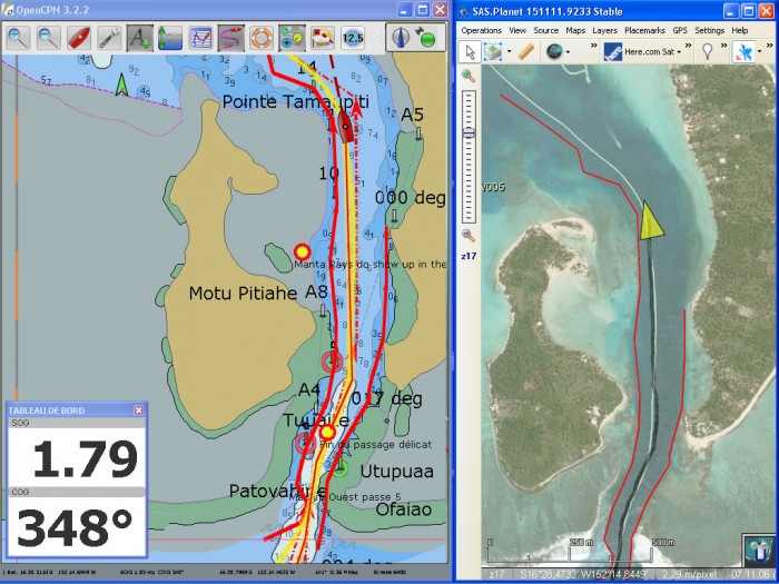 Passe de Maupiti : OpenCPN et SAS Planet se partage l’écran du PC