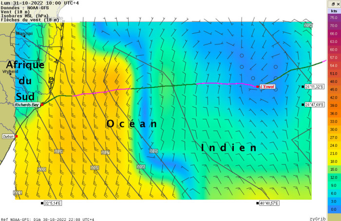 J7, 31/10 à 10:00 (UTC+4) – 270 milles à notre Ouest, c’est la tempête dans le courant des Aiguilles